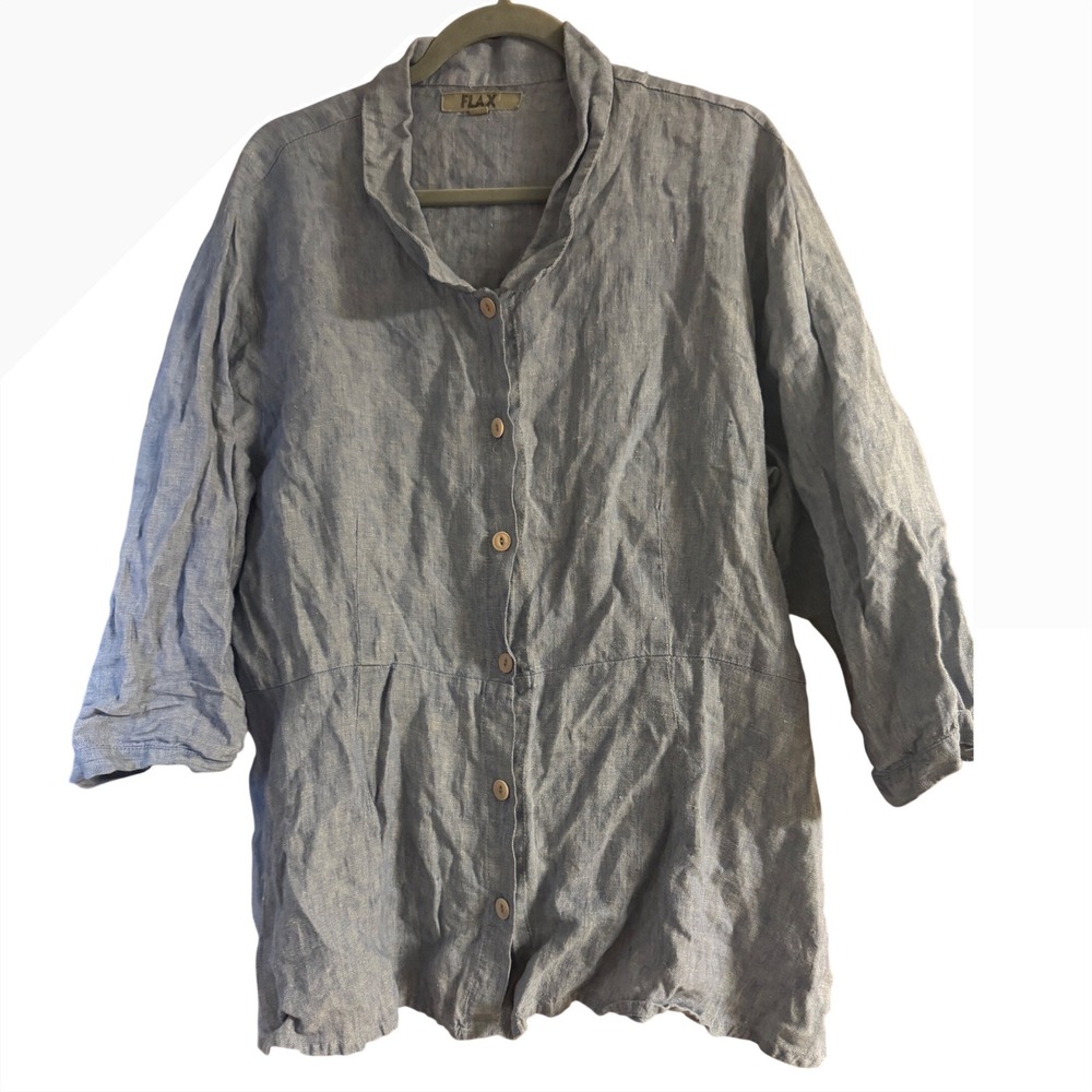 FLAX Womens 100% Linen Button Down Tunic Shirt Blue Lagenlook Large